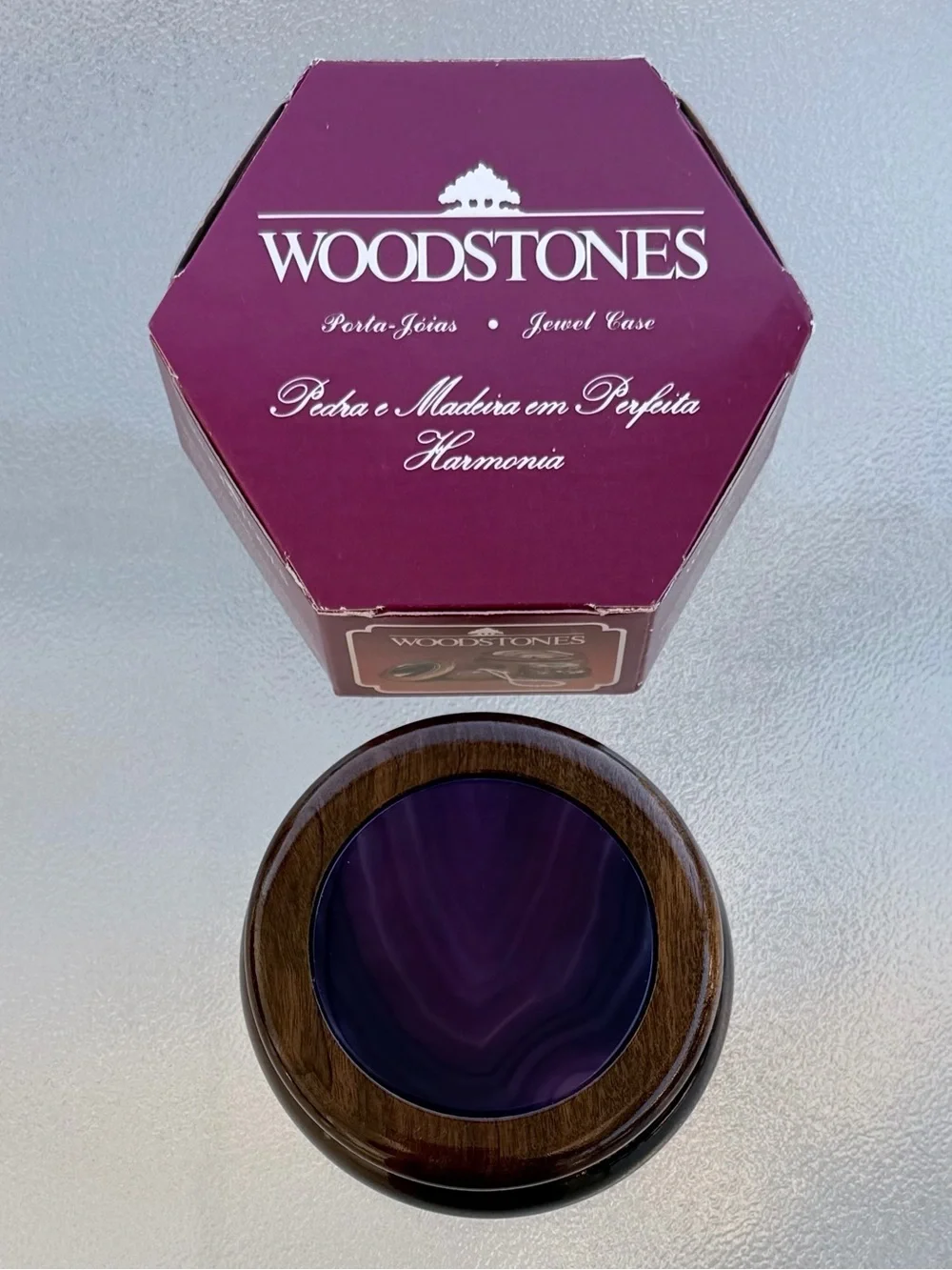 Woodstones Brazilian Purple Agate and Wood Jewelry Box Trinket Box Handcrafted